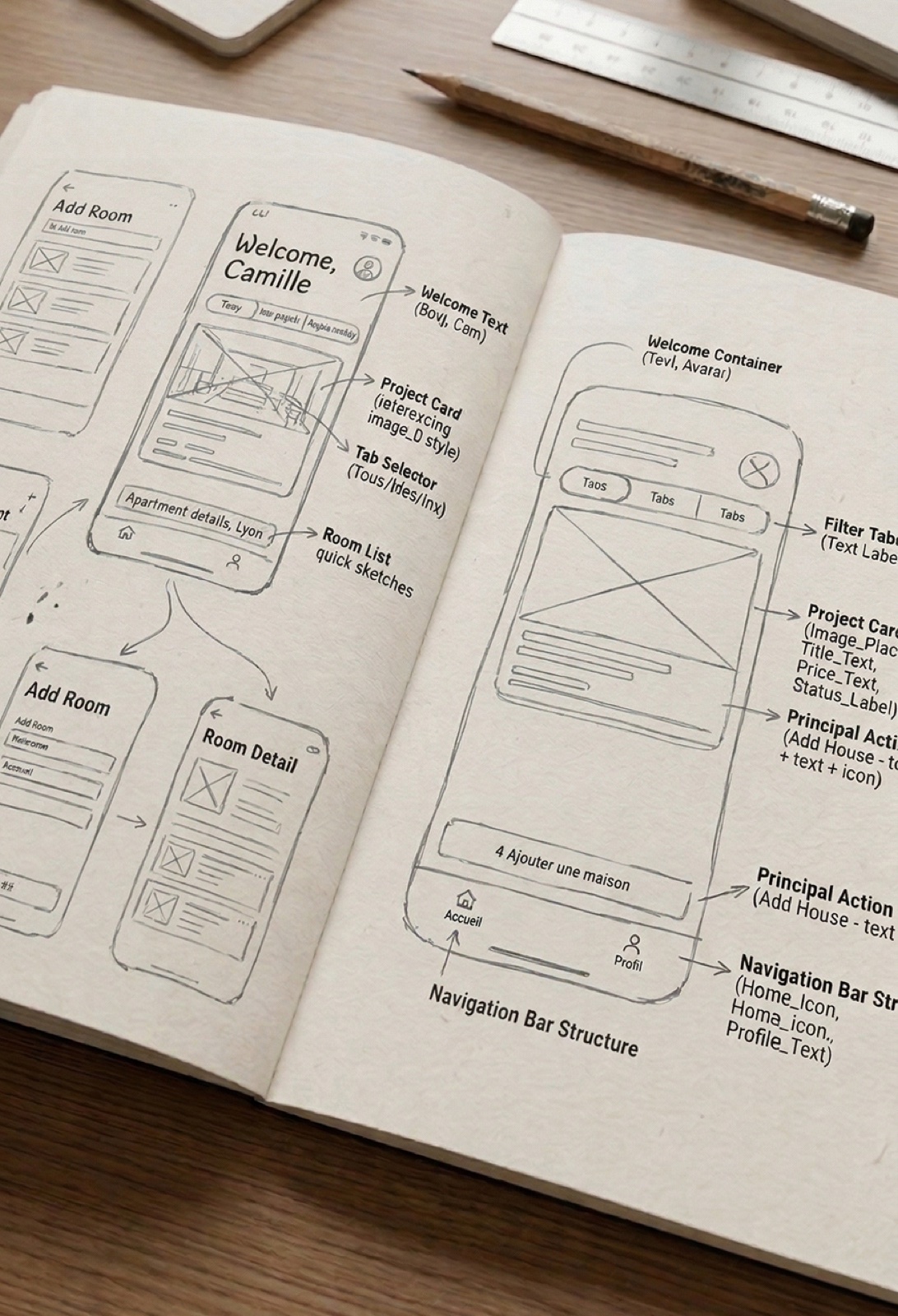 Exploration des parcours de Briquette dans un carnet de wireframes